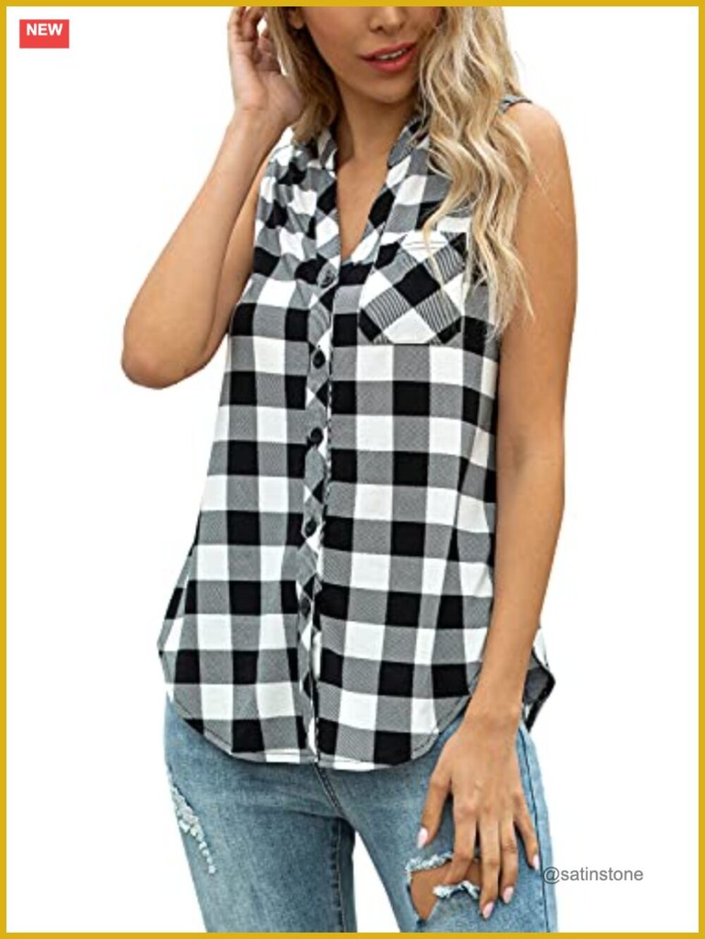 Sleeveless Button Down V Neck Plaid Tank Top Blouse